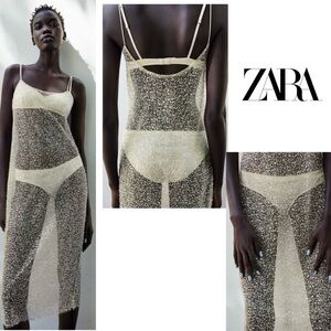 Zara Ivory Cream sequin beaded sheer spaghetti strap midi maxi dress Sz M NWOT